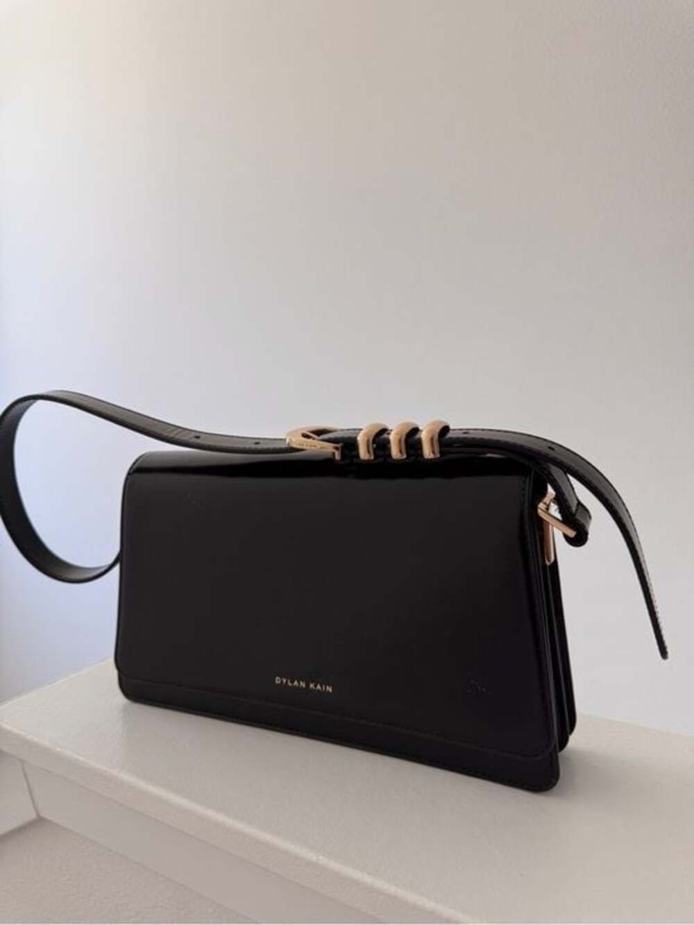 Dylan Kain Black Patent Leather Shoulder Bag Gold Hardware Structured Handbag